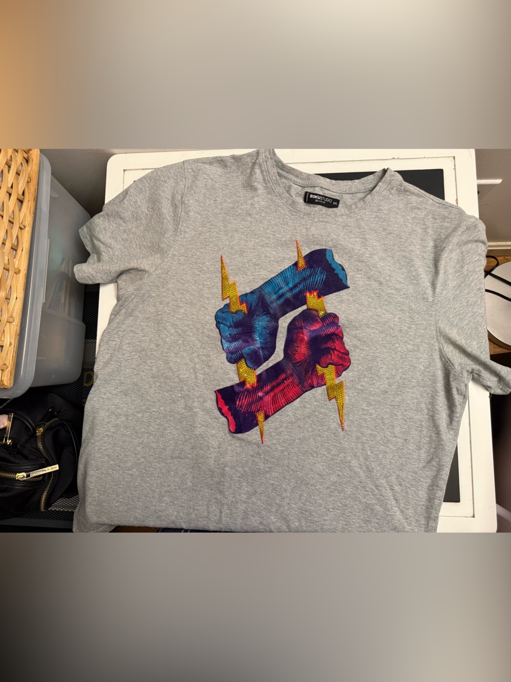 Men's Gray Graphic Crew Tee with Multicolor Lightning Fist